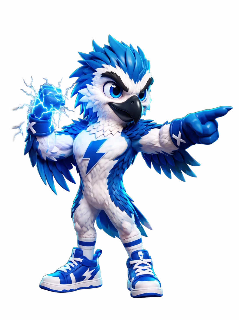 Mascote da Thunder X com o punho carregado de raios, apontando para criar a conta
